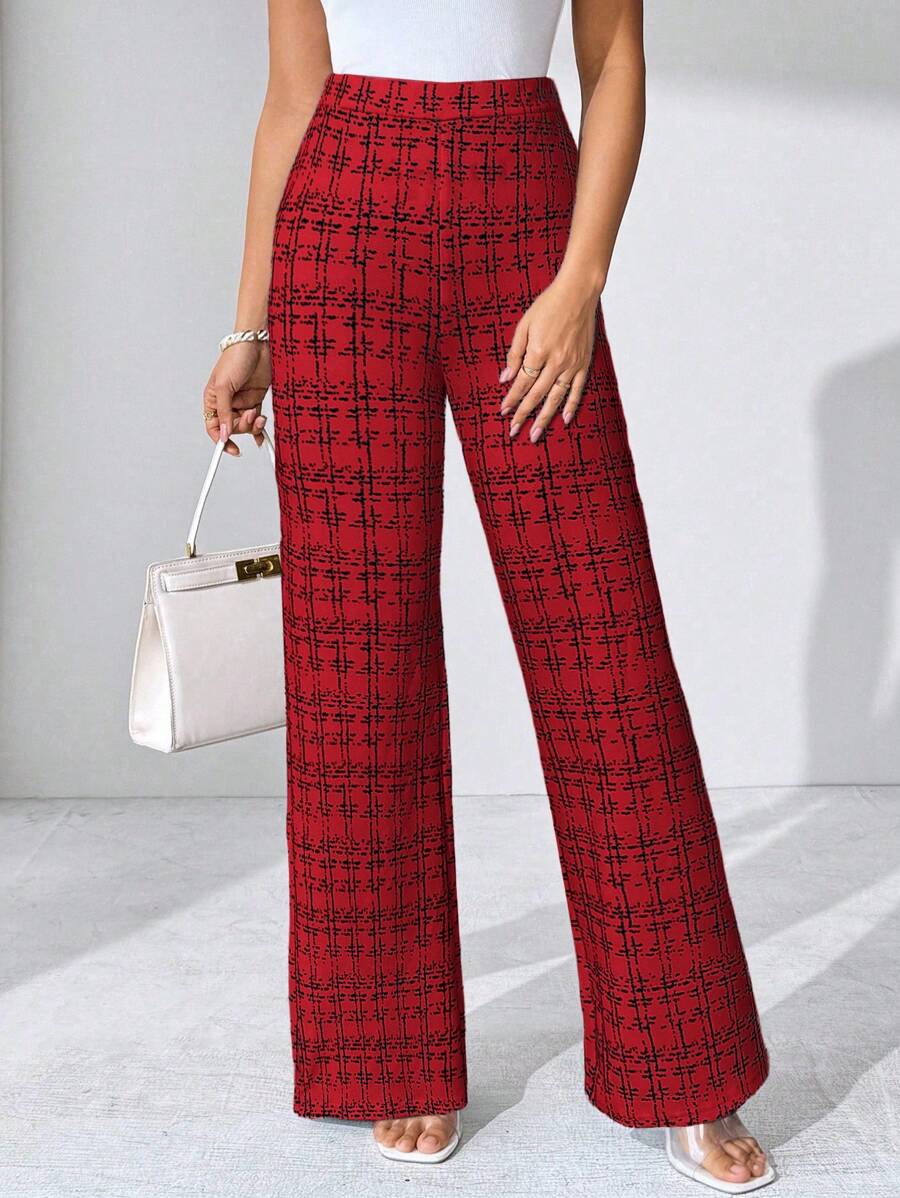 SHEIN Clasi Summer Elegant Women's Plaid Printed Elastic Knitted Pants, Suitable For Various Occasions, Suitable For Summer Vacation, Elegant Travel, And Daily Commuting Business Casual Woman