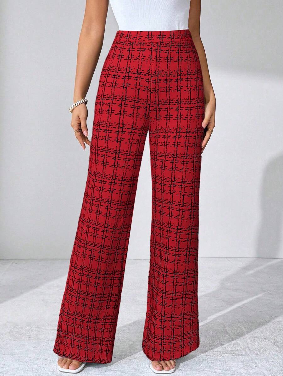 SHEIN Clasi Summer Elegant Women's Plaid Printed Elastic Knitted Pants, Suitable For Various Occasions, Suitable For Summer Vacation, Elegant Travel, And Daily Commuting Business Casual Woman