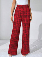 SHEIN Clasi Summer Elegant Women's Plaid Printed Elastic Knitted Pants, Suitable For Various Occasions, Suitable For Summer Vacation, Elegant Travel, And Daily Commuting Business Casual Woman