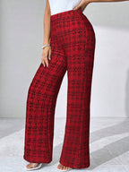 SHEIN Clasi Summer Elegant Women's Plaid Printed Elastic Knitted Pants, Suitable For Various Occasions, Suitable For Summer Vacation, Elegant Travel, And Daily Commuting Business Casual Woman