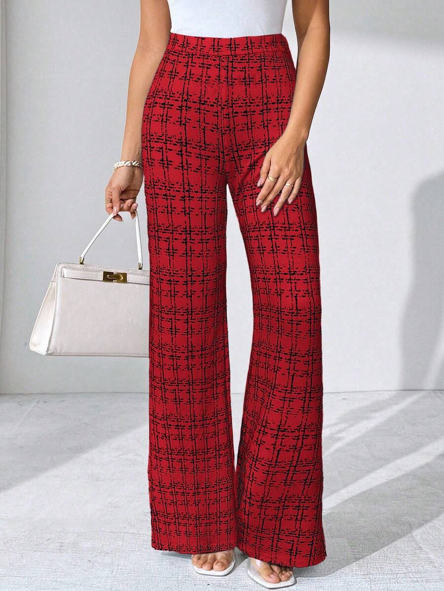 SHEIN Clasi Summer Elegant Women's Plaid Printed Elastic Knitted Pants, Suitable For Various Occasions, Suitable For Summer Vacation, Elegant Travel, And Daily Commuting Business Casual Woman