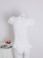 Sweetra Women's Summer Solid Color Ruffle Hem Tie Waist Short Sleeve Blouse