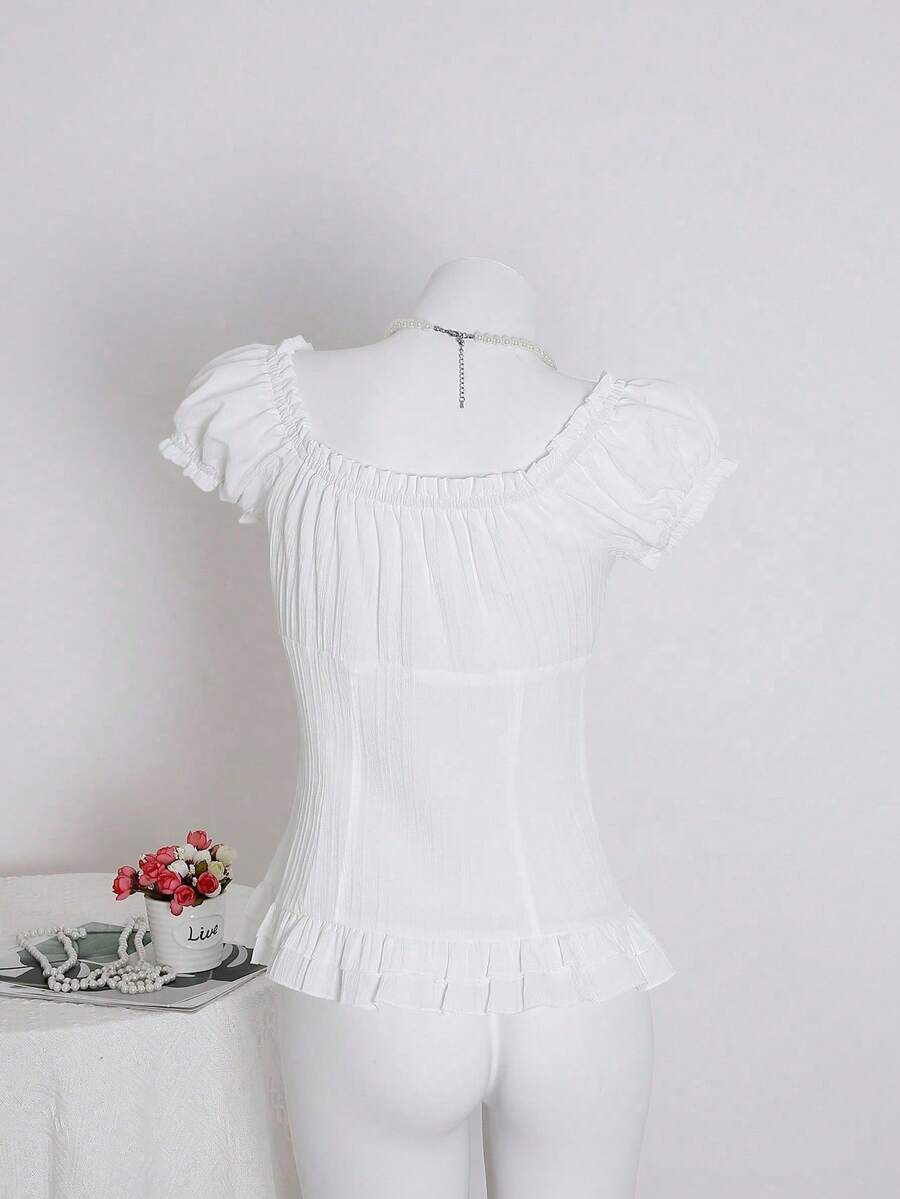 Sweetra Women's Summer Solid Color Ruffle Hem Tie Waist Short Sleeve Blouse