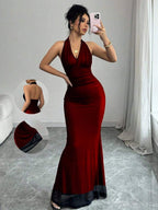 Rafferiza Elegant Bodycon Fishtail Hem V-Neck Waist Pleated Knit Mesh With Rose Red Lining Long Dress For Women, Autumn/Winter Fall Cloth For Women