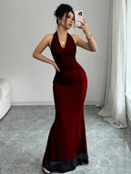 Rafferiza Elegant Bodycon Fishtail Hem V-Neck Waist Pleated Knit Mesh With Rose Red Lining Long Dress For Women, Autumn/Winter Fall Cloth For Women
