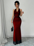 Rafferiza Elegant Bodycon Fishtail Hem V-Neck Waist Pleated Knit Mesh With Rose Red Lining Long Dress For Women, Autumn/Winter Fall Cloth For Women