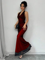Rafferiza Elegant Bodycon Fishtail Hem V-Neck Waist Pleated Knit Mesh With Rose Red Lining Long Dress For Women, Autumn/Winter Fall Cloth For Women