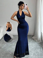 Rafferiza Elegant Bodycon Fishtail Hem V-Neck Waist Pleated Knit Mesh With Rose Red Lining Long Dress For Women, Autumn/Winter Fall Cloth For Women