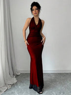 Rafferiza Elegant Bodycon Fishtail Hem V-Neck Waist Pleated Knit Mesh With Rose Red Lining Long Dress For Women, Autumn/Winter Fall Cloth For Women