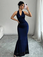 Rafferiza Elegant Bodycon Fishtail Hem V-Neck Waist Pleated Knit Mesh With Rose Red Lining Long Dress For Women, Autumn/Winter Fall Cloth For Women