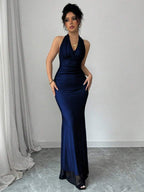 Rafferiza Elegant Bodycon Fishtail Hem V-Neck Waist Pleated Knit Mesh With Rose Red Lining Long Dress For Women, Autumn/Winter Fall Cloth For Women