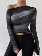 EMERY ROSE Women's Marble Ombre Print Asymmetric Neck Fitted Elegant Pleated Long Sleeve T-Shirt Graphic Tees Women Tops For Spring Outfit