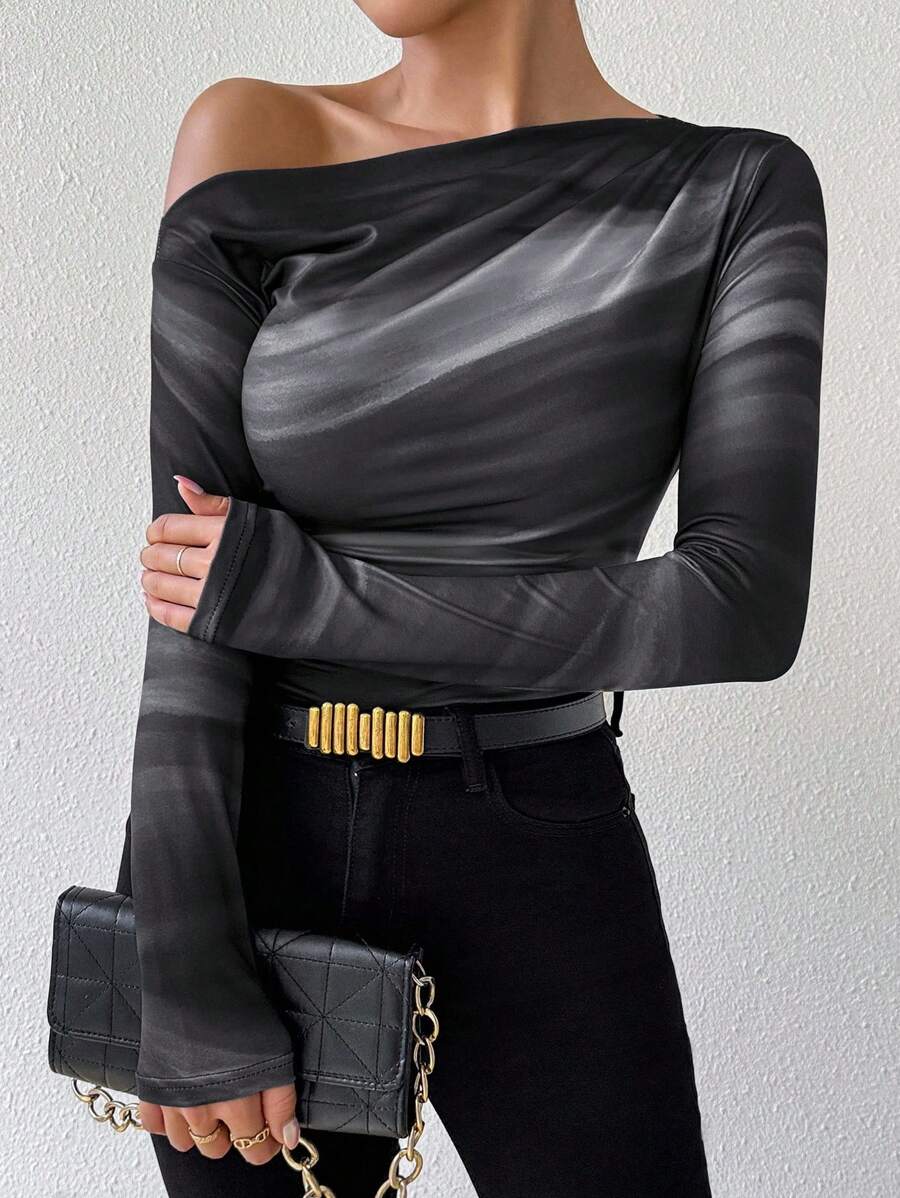 EMERY ROSE Women's Marble Ombre Print Asymmetric Neck Fitted Elegant Pleated Long Sleeve T-Shirt Graphic Tees Women Tops For Spring Outfit