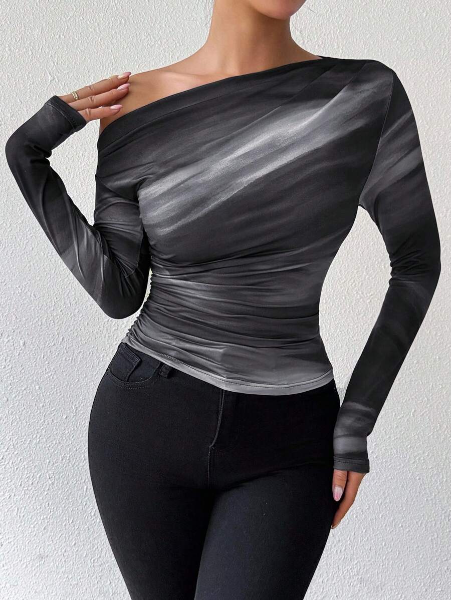 EMERY ROSE Women's Marble Ombre Print Asymmetric Neck Fitted Elegant Pleated Long Sleeve T-Shirt Graphic Tees Women Tops For Spring Outfit