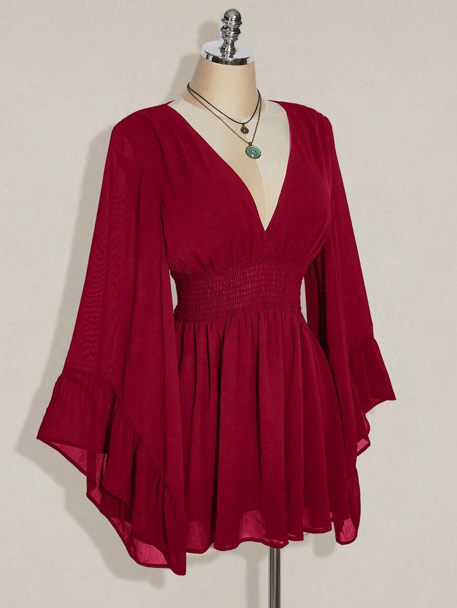 SHEIN ICON Women's Halloween Goth Black Corset Solid Color V-Neck Waist Cinched Elegant Long Sleeve Mini Dress,Fall/Winter  Bell Sleeve Dress Black Dress With Sleeves,Thanksgiving Outfit For Women