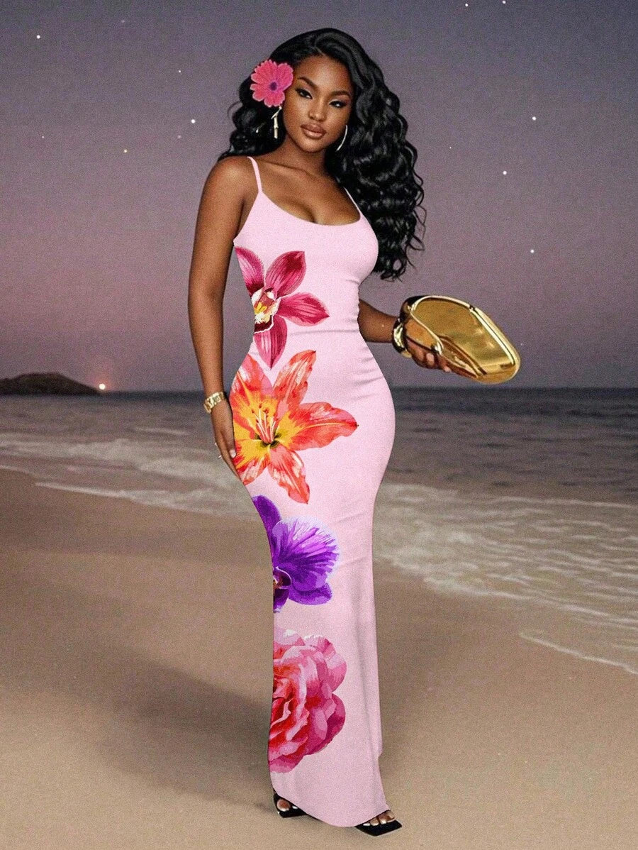 Slaydiva Casual Floral Print Camisole Bodycon Long Dress For Women, Summer Yellow Floral Bodycon Dress Yellow Summer Dress Bodycon Dress Women Yellow Dress Floral Print Bodycon Dress Suitable For Going Out Chic Dress
