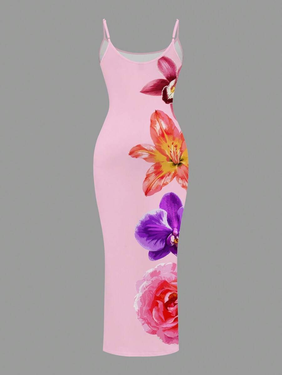 Slaydiva Casual Floral Print Camisole Bodycon Long Dress For Women, Summer Yellow Floral Bodycon Dress Yellow Summer Dress Bodycon Dress Women Yellow Dress Floral Print Bodycon Dress Suitable For Going Out Chic Dress