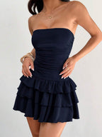 MainGRL Knitted Fabric A-Line Sleeveless Mini Dress In Burgundy Tube Top Dress Ruffle Dress,Party Dress