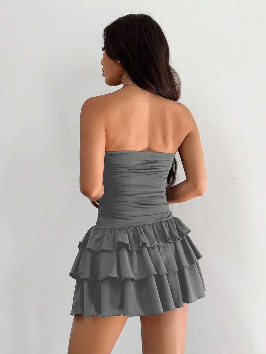 MainGRL Knitted Fabric A-Line Sleeveless Mini Dress In Burgundy Tube Top Dress Ruffle Dress,Party Dress