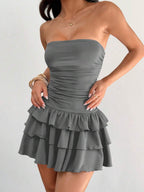 MainGRL Knitted Fabric A-Line Sleeveless Mini Dress In Burgundy Tube Top Dress Ruffle Dress,Party Dress