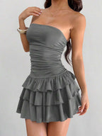 MainGRL Knitted Fabric A-Line Sleeveless Mini Dress In Burgundy Tube Top Dress Ruffle Dress,Party Dress