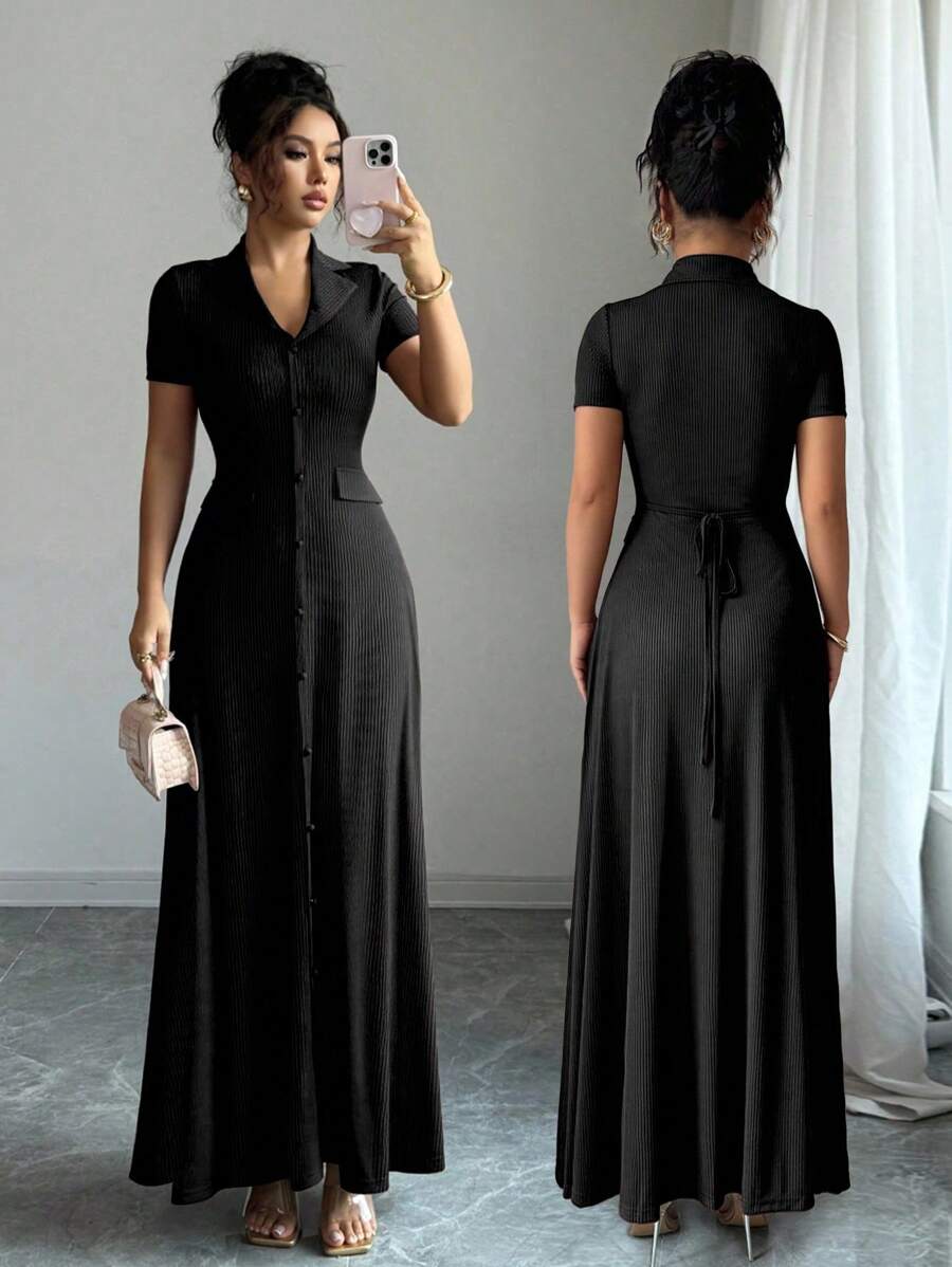 Elenzga Elegant Commuter Brown Lapel Waist Slimming Button Decor A-Line Back Bowknot Short Sleeve Maxi Dress For Women