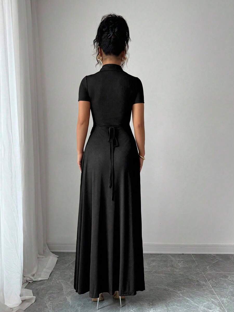 Elenzga Elegant Commuter Brown Lapel Waist Slimming Button Decor A-Line Back Bowknot Short Sleeve Maxi Dress For Women