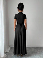 Elenzga Elegant Commuter Brown Lapel Waist Slimming Button Decor A-Line Back Bowknot Short Sleeve Maxi Dress For Women