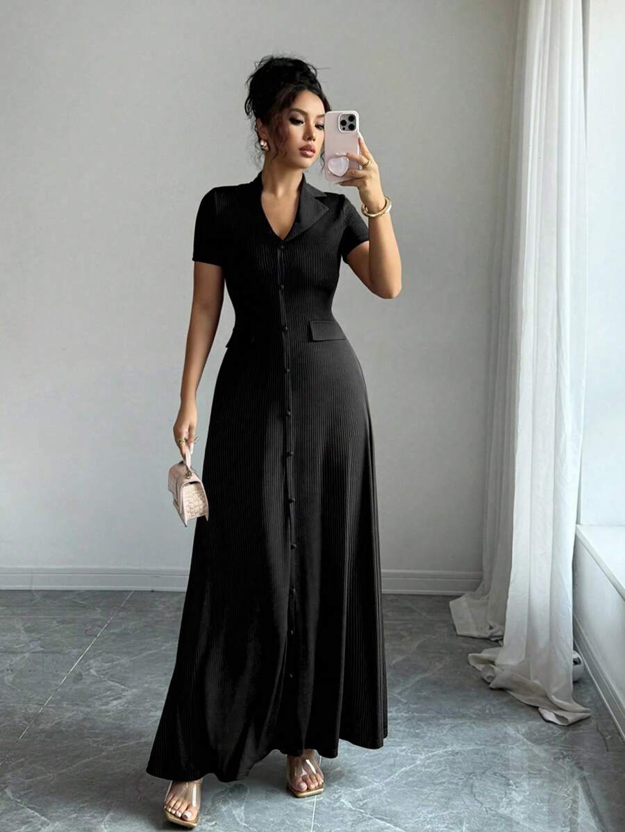 Elenzga Elegant Commuter Brown Lapel Waist Slimming Button Decor A-Line Back Bowknot Short Sleeve Maxi Dress For Women
