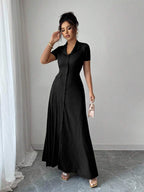 Elenzga Elegant Commuter Brown Lapel Waist Slimming Button Decor A-Line Back Bowknot Short Sleeve Maxi Dress For Women