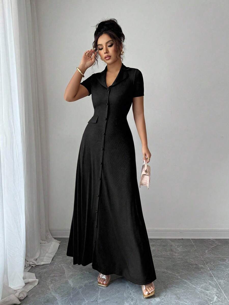 Elenzga Elegant Commuter Brown Lapel Waist Slimming Button Decor A-Line Back Bowknot Short Sleeve Maxi Dress For Women