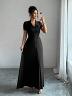 Elenzga Elegant Commuter Brown Lapel Waist Slimming Button Decor A-Line Back Bowknot Short Sleeve Maxi Dress For Women