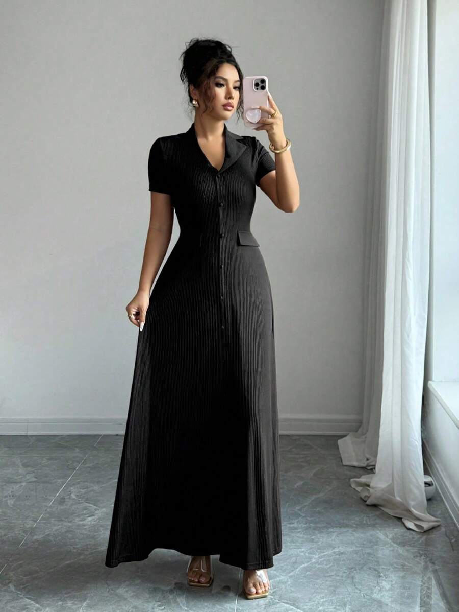 Elenzga Elegant Commuter Brown Lapel Waist Slimming Button Decor A-Line Back Bowknot Short Sleeve Maxi Dress For Women