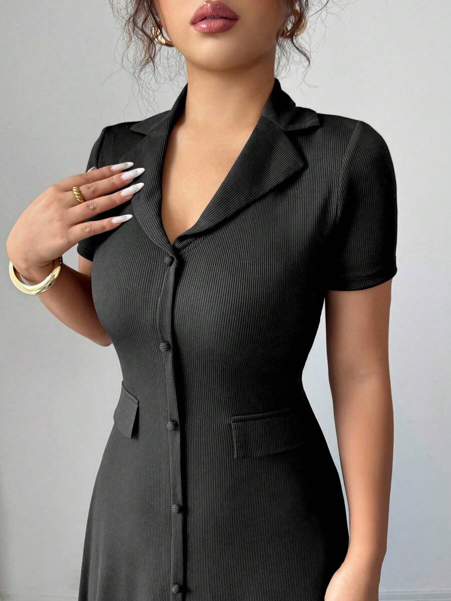 Elenzga Elegant Commuter Brown Lapel Waist Slimming Button Decor A-Line Back Bowknot Short Sleeve Maxi Dress For Women