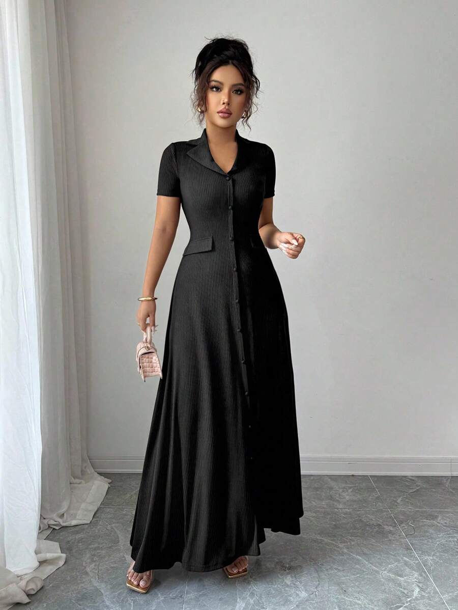 Elenzga Elegant Commuter Brown Lapel Waist Slimming Button Decor A-Line Back Bowknot Short Sleeve Maxi Dress For Women