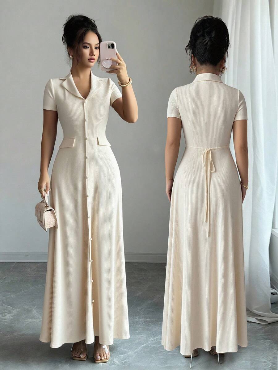Elenzga Elegant Commuter Brown Lapel Waist Slimming Button Decor A-Line Back Bowknot Short Sleeve Maxi Dress For Women