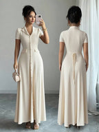Elenzga Elegant Commuter Brown Lapel Waist Slimming Button Decor A-Line Back Bowknot Short Sleeve Maxi Dress For Women