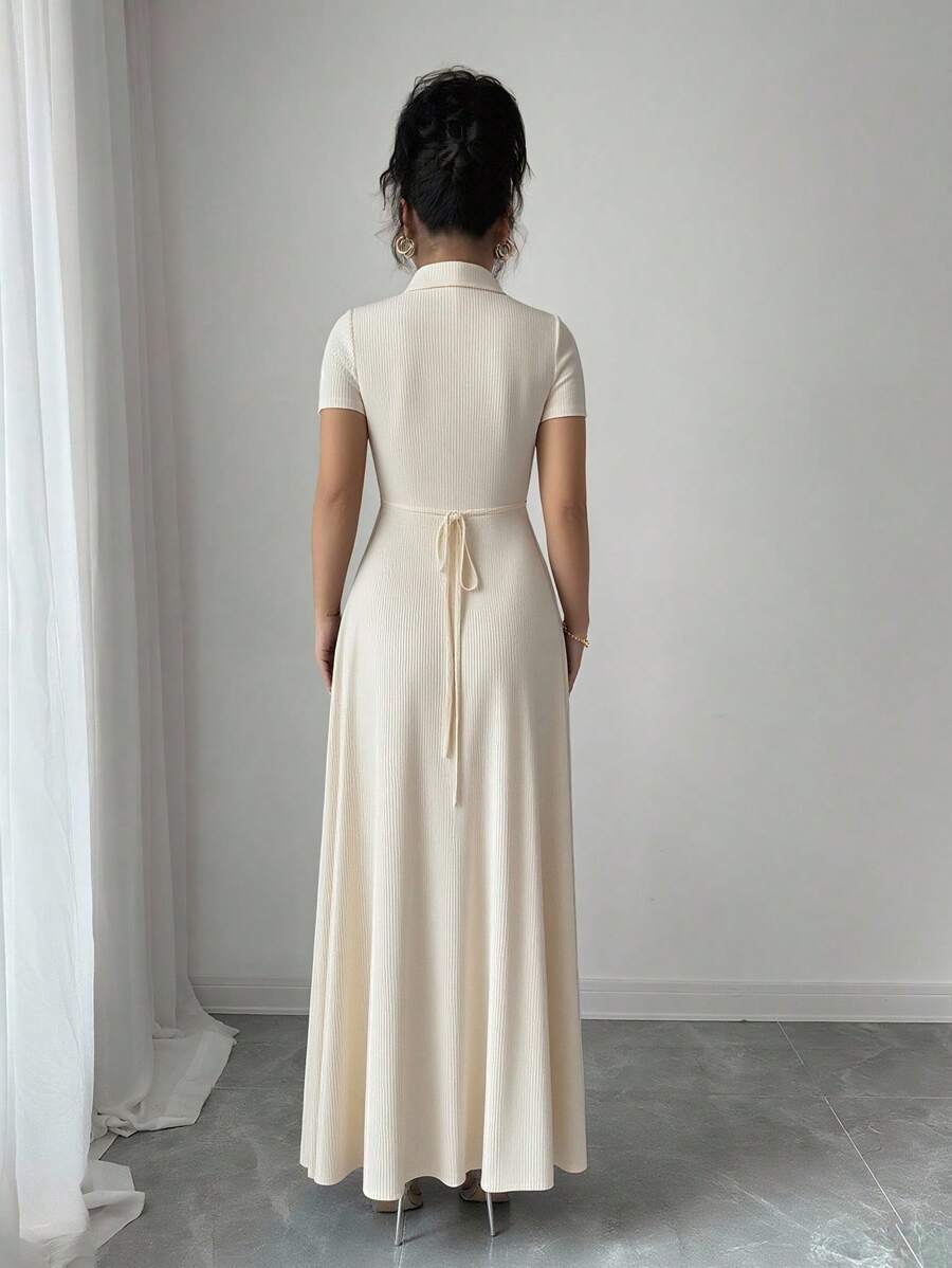 Elenzga Elegant Commuter Brown Lapel Waist Slimming Button Decor A-Line Back Bowknot Short Sleeve Maxi Dress For Women
