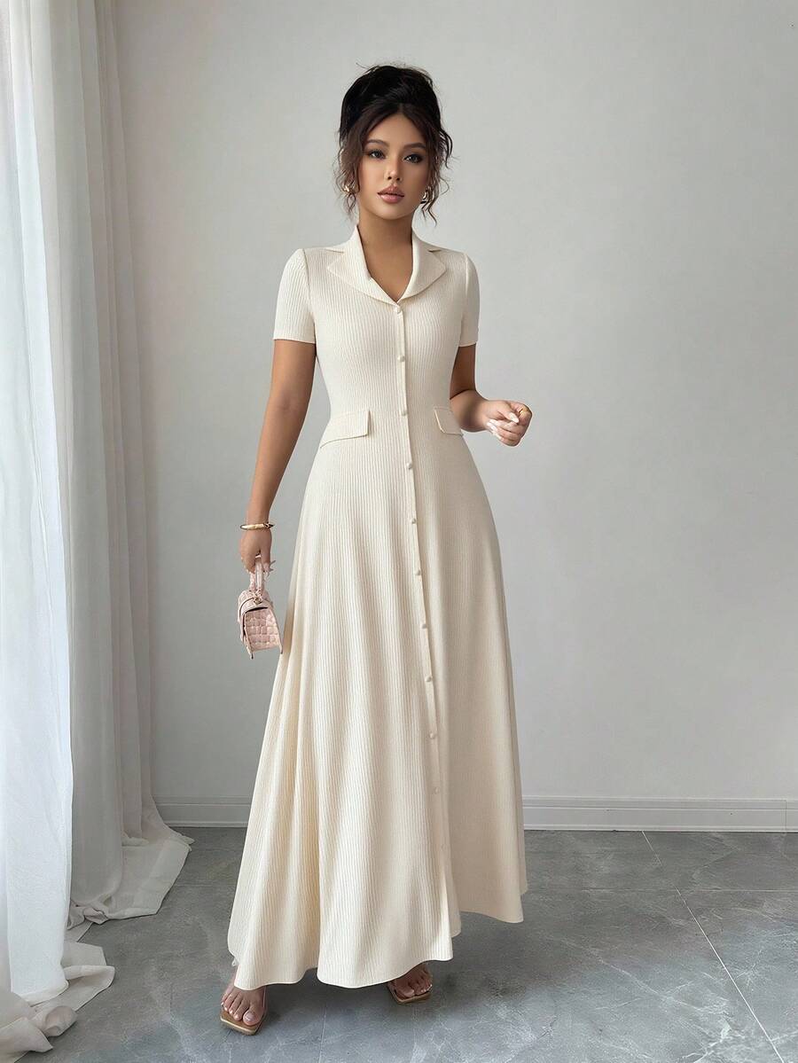 Elenzga Elegant Commuter Brown Lapel Waist Slimming Button Decor A-Line Back Bowknot Short Sleeve Maxi Dress For Women