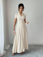 Elenzga Elegant Commuter Brown Lapel Waist Slimming Button Decor A-Line Back Bowknot Short Sleeve Maxi Dress For Women