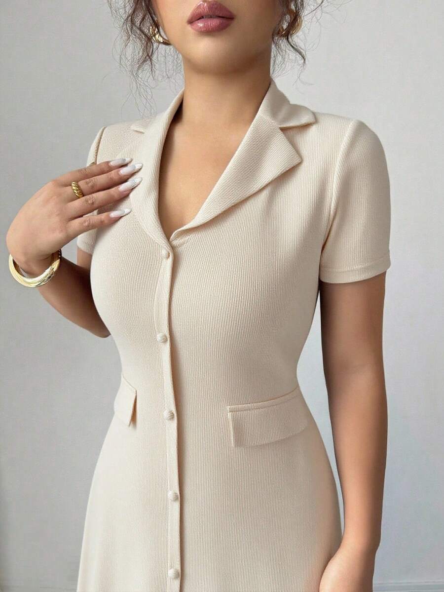 Elenzga Elegant Commuter Brown Lapel Waist Slimming Button Decor A-Line Back Bowknot Short Sleeve Maxi Dress For Women