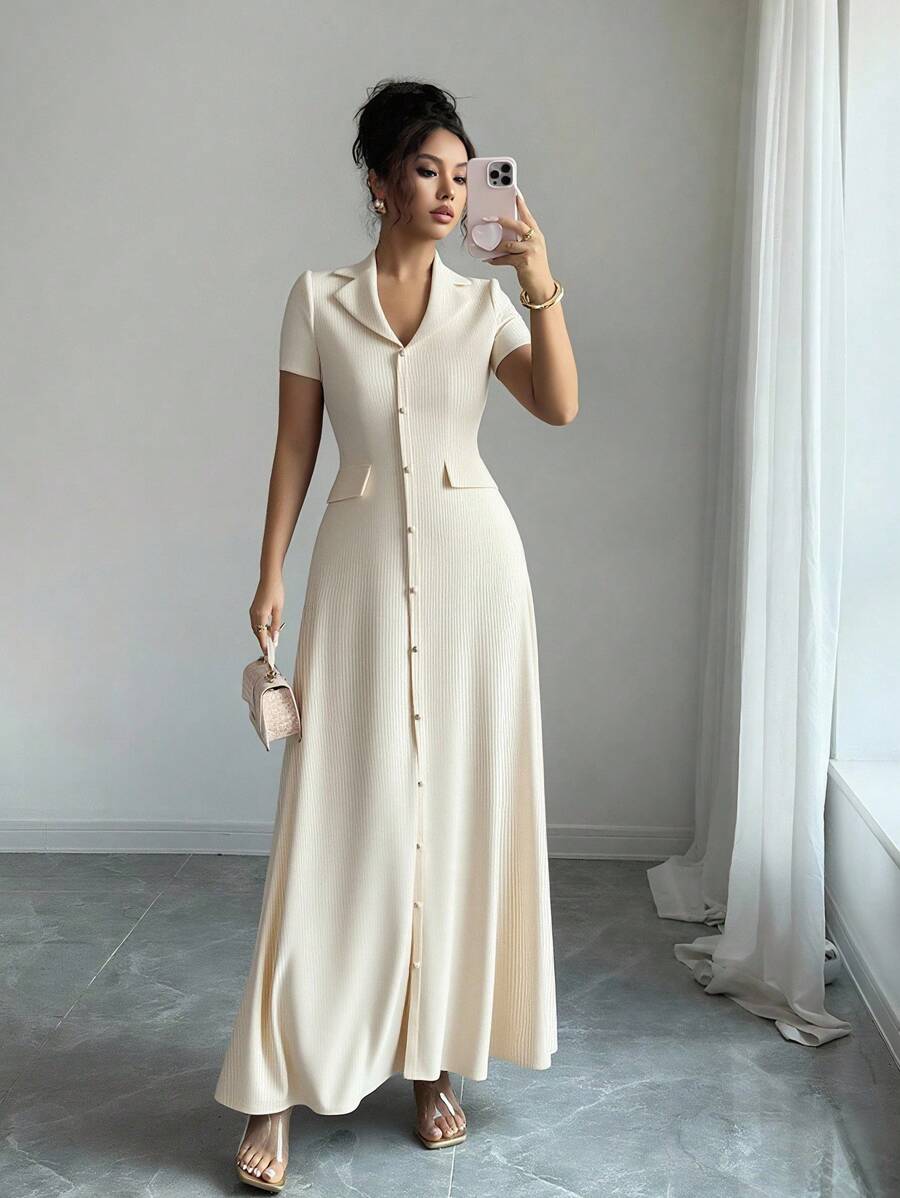 Elenzga Elegant Commuter Brown Lapel Waist Slimming Button Decor A-Line Back Bowknot Short Sleeve Maxi Dress For Women