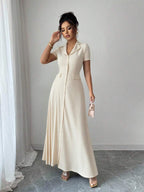 Elenzga Elegant Commuter Brown Lapel Waist Slimming Button Decor A-Line Back Bowknot Short Sleeve Maxi Dress For Women