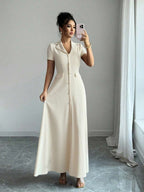 Elenzga Elegant Commuter Brown Lapel Waist Slimming Button Decor A-Line Back Bowknot Short Sleeve Maxi Dress For Women