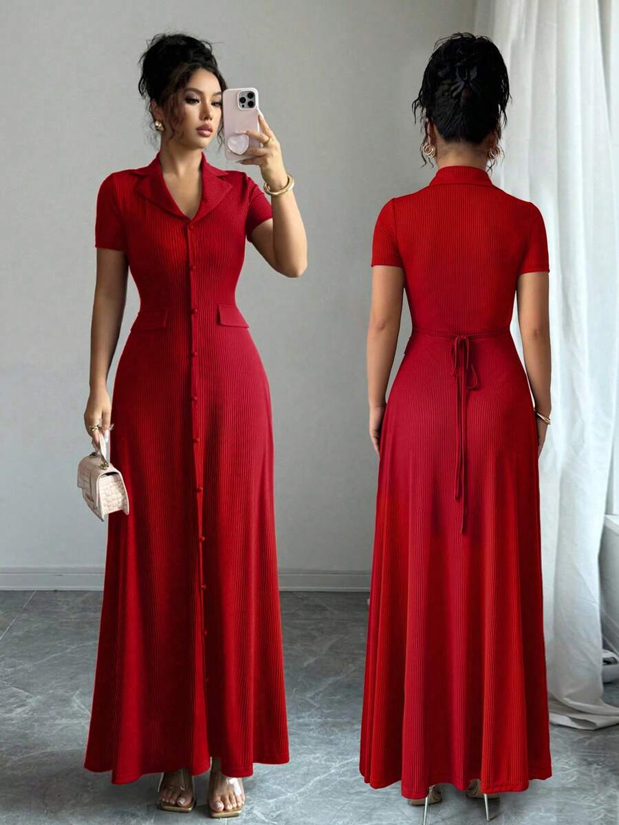 Elenzga Elegant Commuter Brown Lapel Waist Slimming Button Decor A-Line Back Bowknot Short Sleeve Maxi Dress For Women