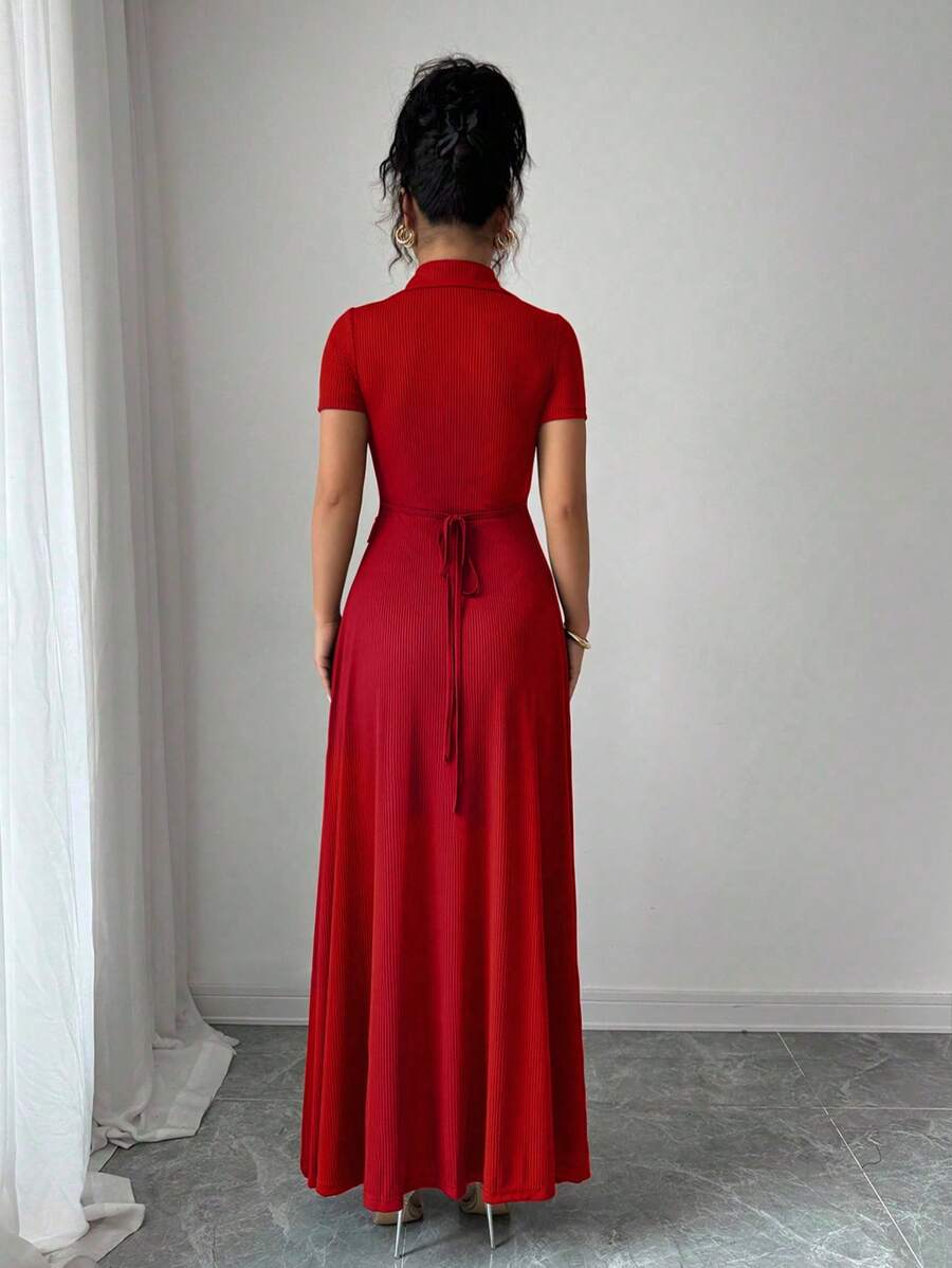 Elenzga Elegant Commuter Brown Lapel Waist Slimming Button Decor A-Line Back Bowknot Short Sleeve Maxi Dress For Women