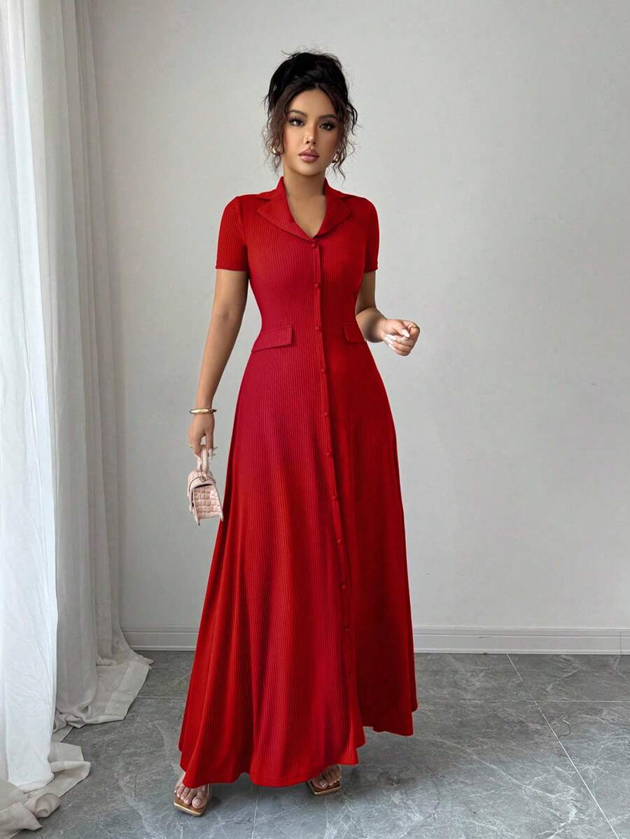 Elenzga Elegant Commuter Brown Lapel Waist Slimming Button Decor A-Line Back Bowknot Short Sleeve Maxi Dress For Women