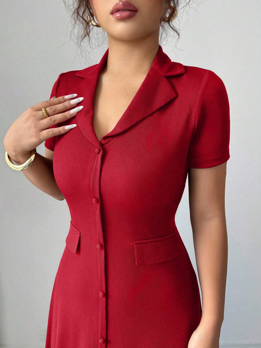 Elenzga Elegant Commuter Brown Lapel Waist Slimming Button Decor A-Line Back Bowknot Short Sleeve Maxi Dress For Women