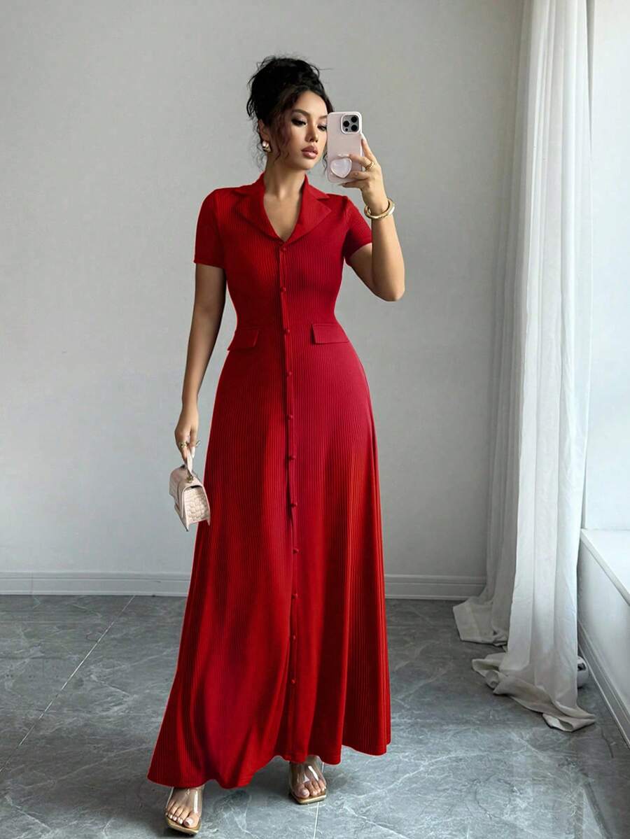 Elenzga Elegant Commuter Brown Lapel Waist Slimming Button Decor A-Line Back Bowknot Short Sleeve Maxi Dress For Women