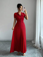 Elenzga Elegant Commuter Brown Lapel Waist Slimming Button Decor A-Line Back Bowknot Short Sleeve Maxi Dress For Women